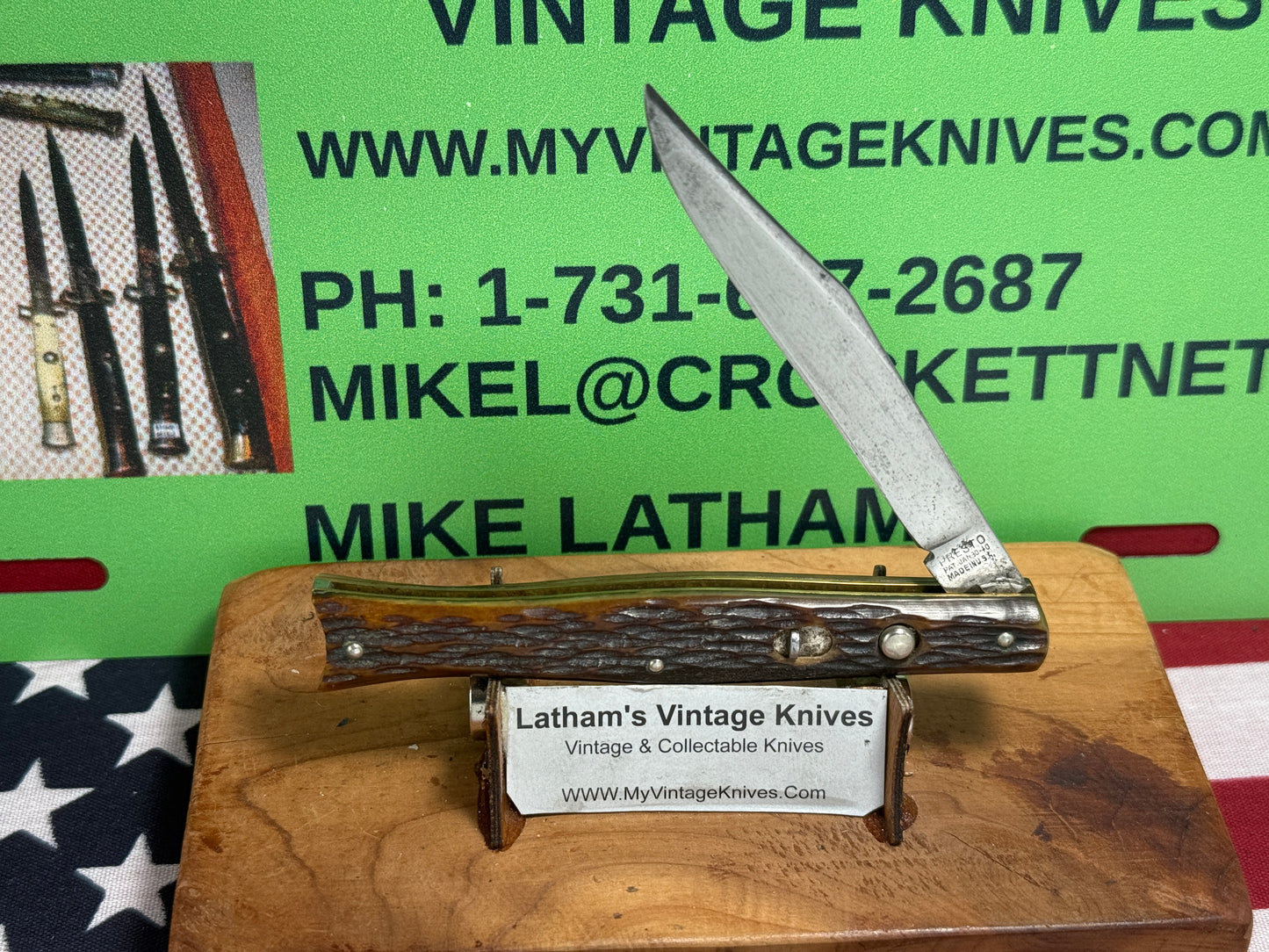 PRESTO GEO. SCHRADE KNIFE CO. BRIDGEPORT CONN. 1940-57 FISH TAIL SINGLE BLADE 4" VINTAGE AMERICAN AUTOMATIC KNIFE JIGGED BONE HANDLES