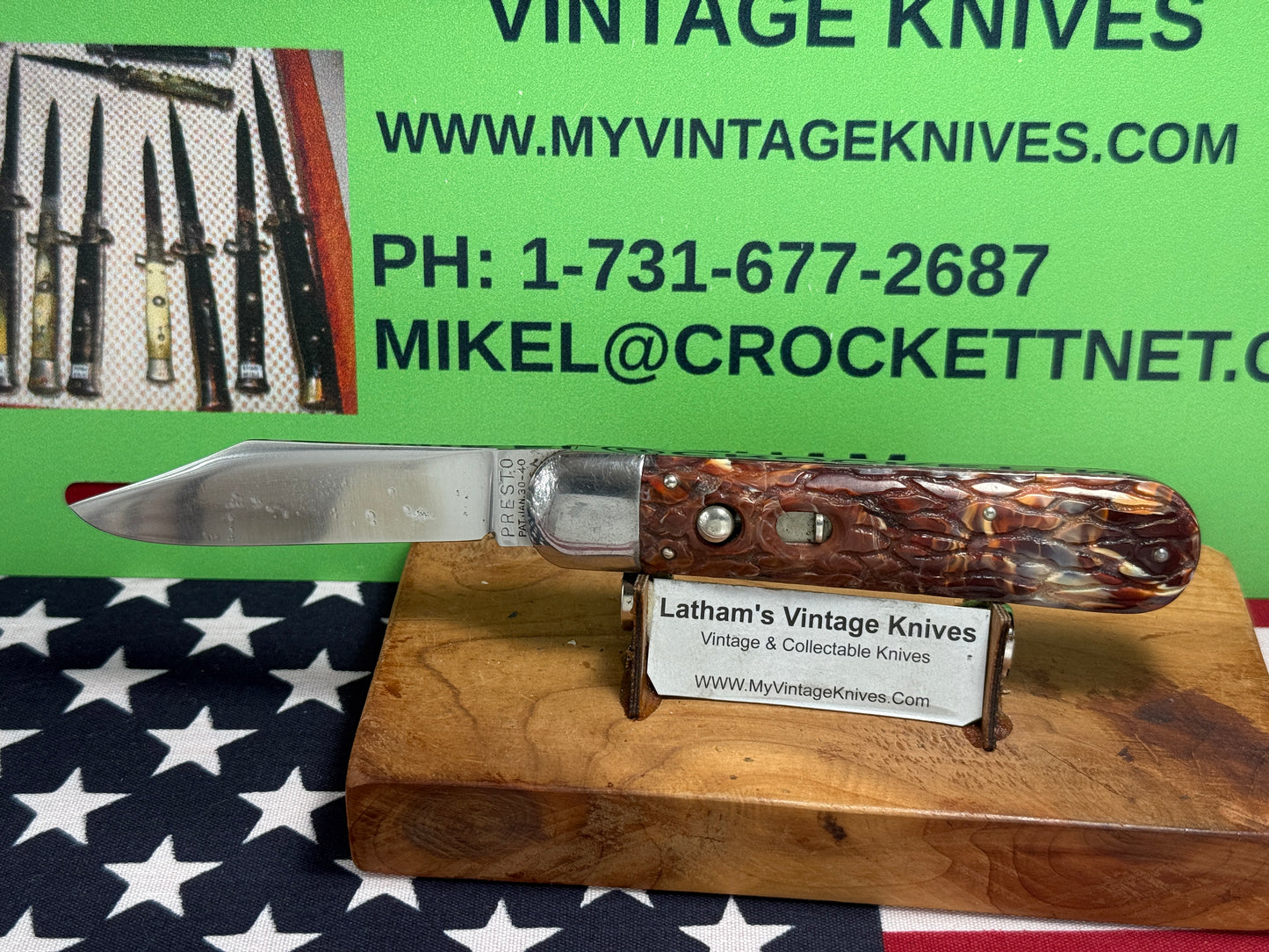 PRESTO GEO. SCHRADE KNIFE CO. BRIDGEPORT CONN. 1940-57 MEDIUM HUNTER 4 1/8" VINTAGE AMERICAN AUTOMATIC KNIFE RED WORMED COMPOSITION HANDLES