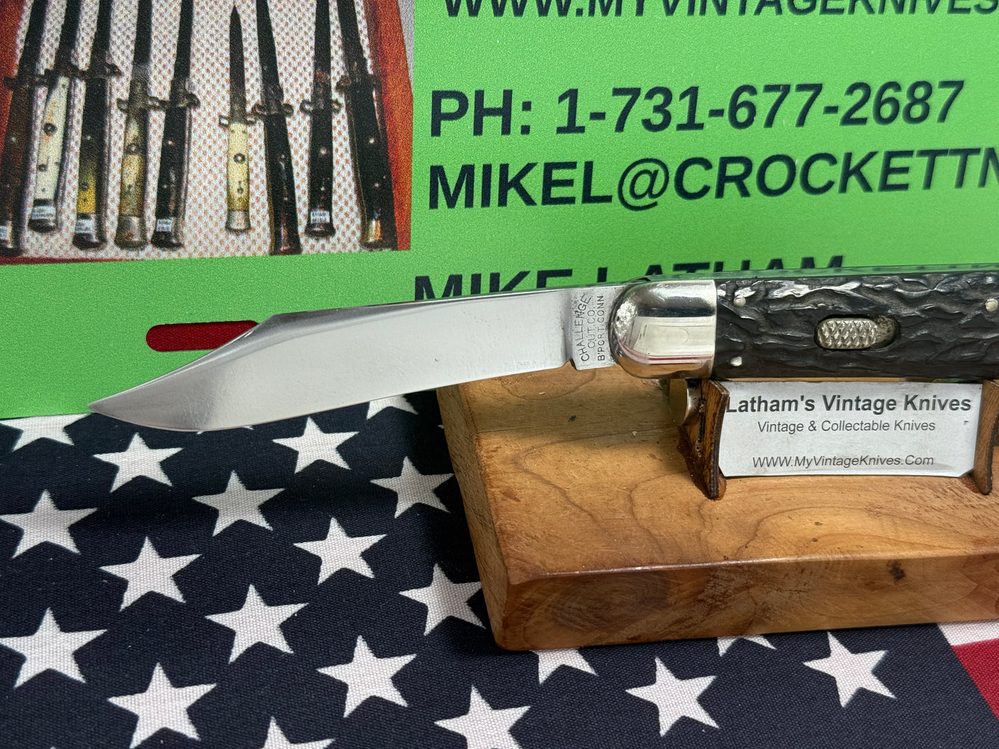 CHALLENGE CUT CO. BRIDGEPORT CONN. FLY LOCK 1918-23 LARGE 5" HUNTER VINTAGE AMERICAN AUTOMATIC KNIFE BLACK BAKELITE HANDLES