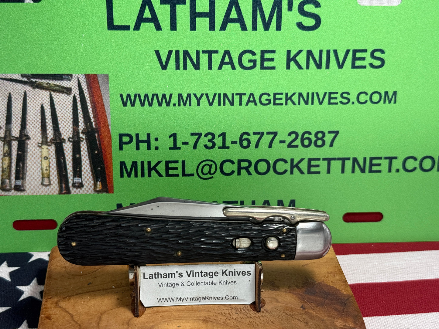 SCHRADE CUT CO. WALDEN N.Y. 1916-46 SWING GUARD HUNTER'S PRIDE ETCHED VINTAGE AMERICAN AUTOMATIC KNIFE PEACH SEED JIGGED BONE HANDLES