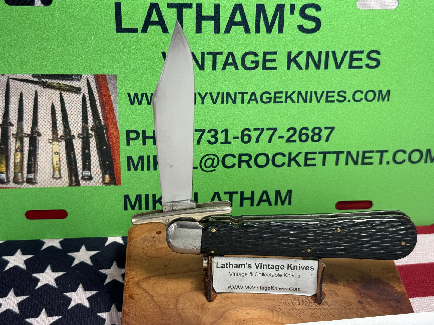 SCHRADE CUT CO. WALDEN N.Y. 1916-46 SWING GUARD HUNTER'S PRIDE ETCHED VINTAGE AMERICAN AUTOMATIC KNIFE PEACH SEED JIGGED BONE HANDLES