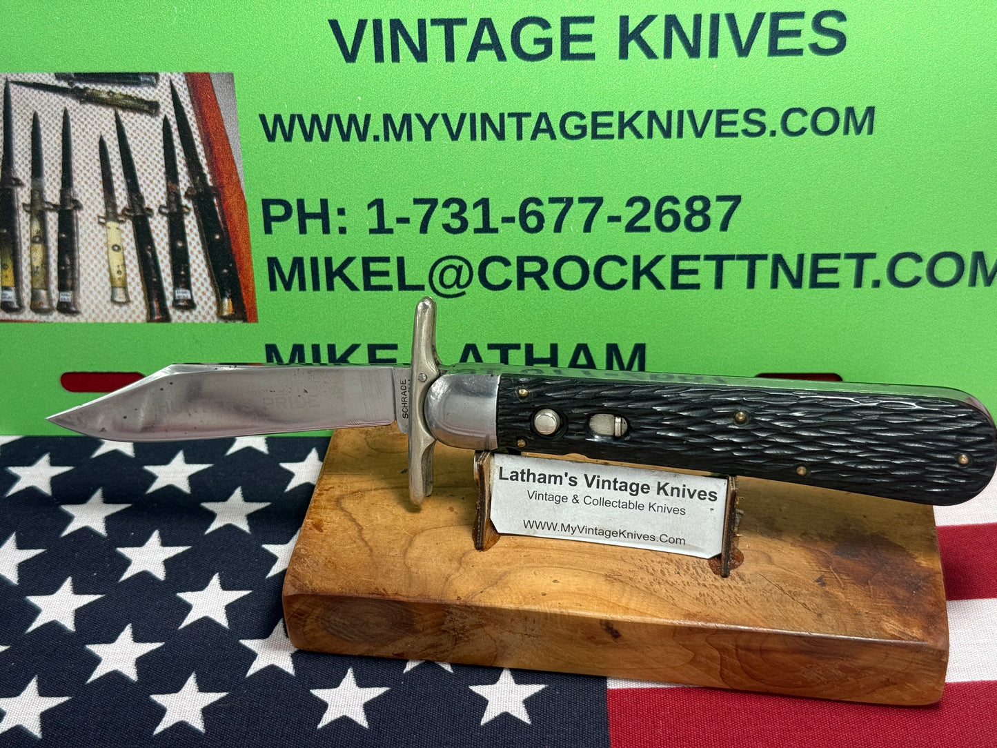 SCHRADE CUT CO. WALDEN N.Y. 1916-46 SWING GUARD HUNTER'S PRIDE ETCHED VINTAGE AMERICAN AUTOMATIC KNIFE PEACH SEED JIGGED BONE HANDLES