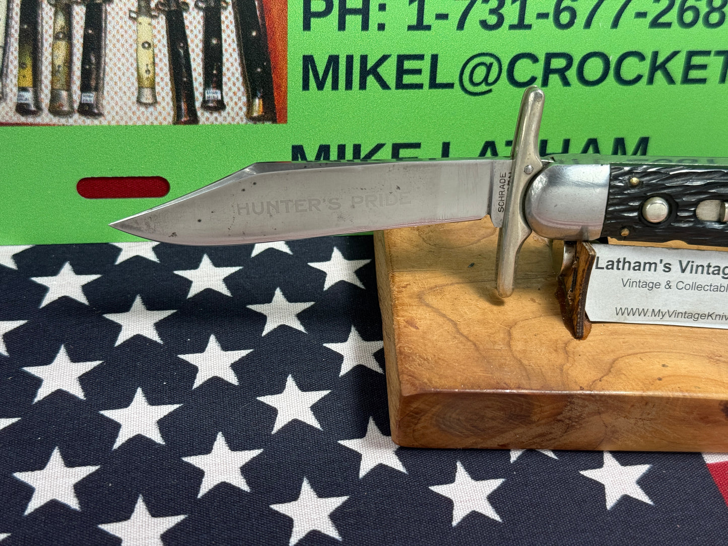 SCHRADE CUT CO. WALDEN N.Y. 1916-46 SWING GUARD HUNTER'S PRIDE ETCHED VINTAGE AMERICAN AUTOMATIC KNIFE PEACH SEED JIGGED BONE HANDLES