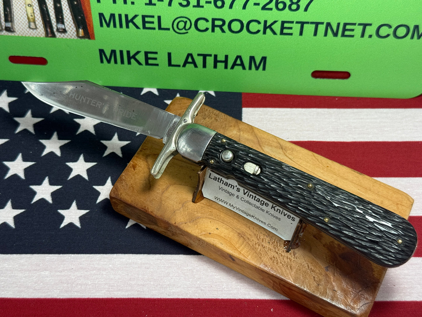 SCHRADE CUT CO. WALDEN N.Y. 1916-46 SWING GUARD HUNTER'S PRIDE ETCHED VINTAGE AMERICAN AUTOMATIC KNIFE PEACH SEED JIGGED BONE HANDLES