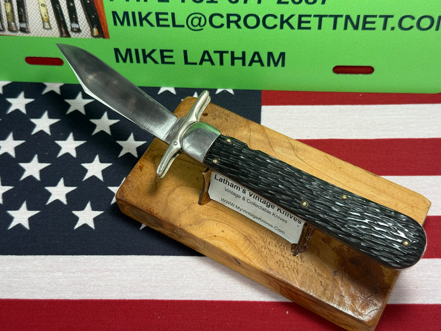 SCHRADE CUT CO. WALDEN N.Y. 1916-46 SWING GUARD HUNTER'S PRIDE ETCHED VINTAGE AMERICAN AUTOMATIC KNIFE PEACH SEED JIGGED BONE HANDLES