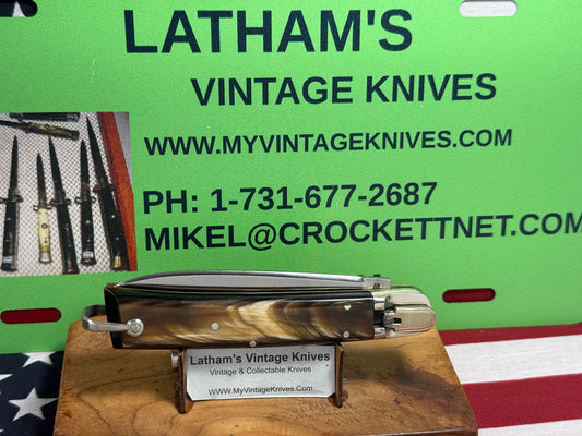 MAKINOX FRANCE 1960-65 LEVER AUTOMATIC FRENCH AUTOMATIC KNIFE REHANDLES IN BEAUTIFUL BRAZILIAN HORN HANDLES