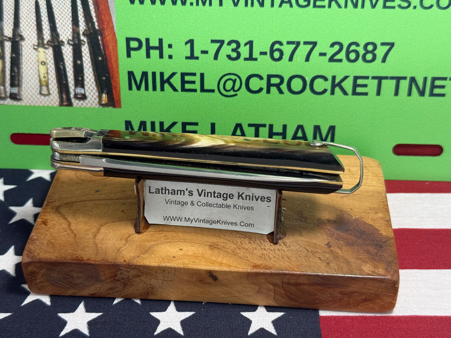 MAKINOX FRANCE 1960-65 LEVER AUTOMATIC FRENCH AUTOMATIC KNIFE REHANDLES IN BEAUTIFUL BRAZILIAN HORN HANDLES