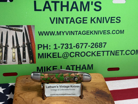 HAMMER BRAND USA IMPERIAL KNIFE CO. 1945-1955 UTILITY JACK SINGLE BLADE 3 1/2" VINTAGE AMERICAN AUTOMATIC KNIFE COPPER/GREEN SWIRL SHELL WRAP HANDLES