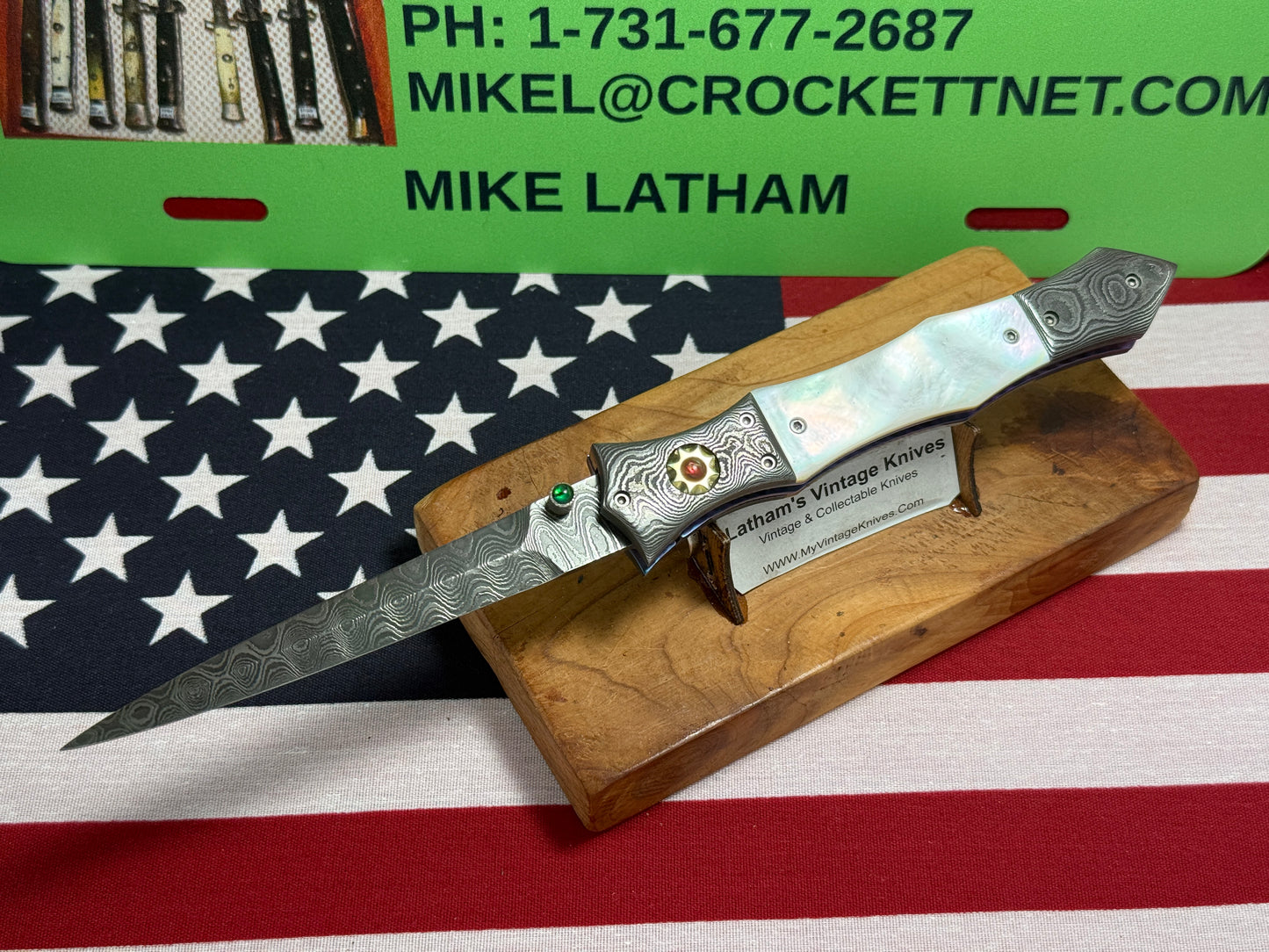 CLARK, NATE CUSTOM KNIVES ORGEON USA 2005-2015 ERA ROYAL DAGGER D/A DAMACUS STEEL CUSTOM AUTOMATIC KNIFE PEARL HANDLES WITH JEWELS