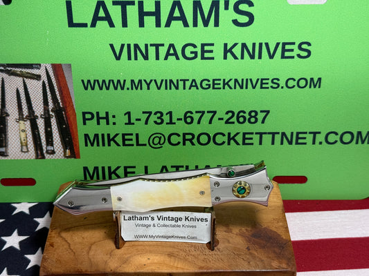 CLARK, NATE CUSTOM KNIVES USA/ORGEON 2005-2015 ERA ROYAL DAGGER D/A MIRROR POLISHED BLADE CUSTOM AUTOMATIC KNIFE GOLD PEARL HANDLES WITH JEWELS