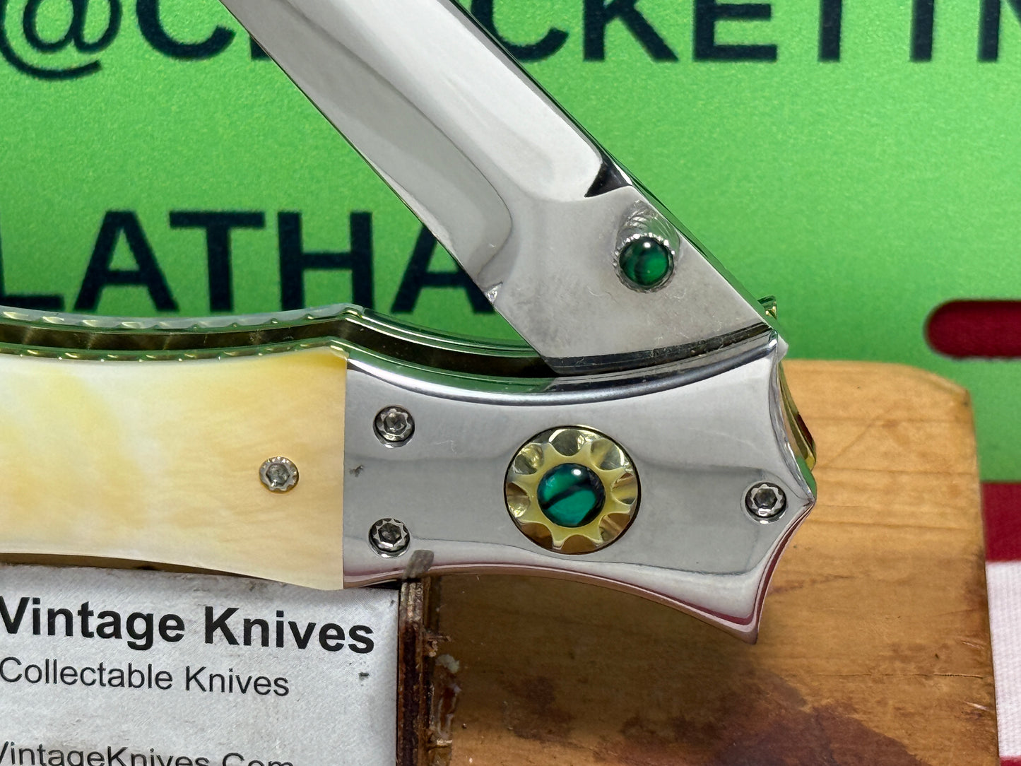 CLARK, NATE CUSTOM KNIVES USA/ORGEON 2005-2015 ERA ROYAL DAGGER D/A MIRROR POLISHED BLADE CUSTOM AUTOMATIC KNIFE GOLD PEARL HANDLES WITH JEWELS