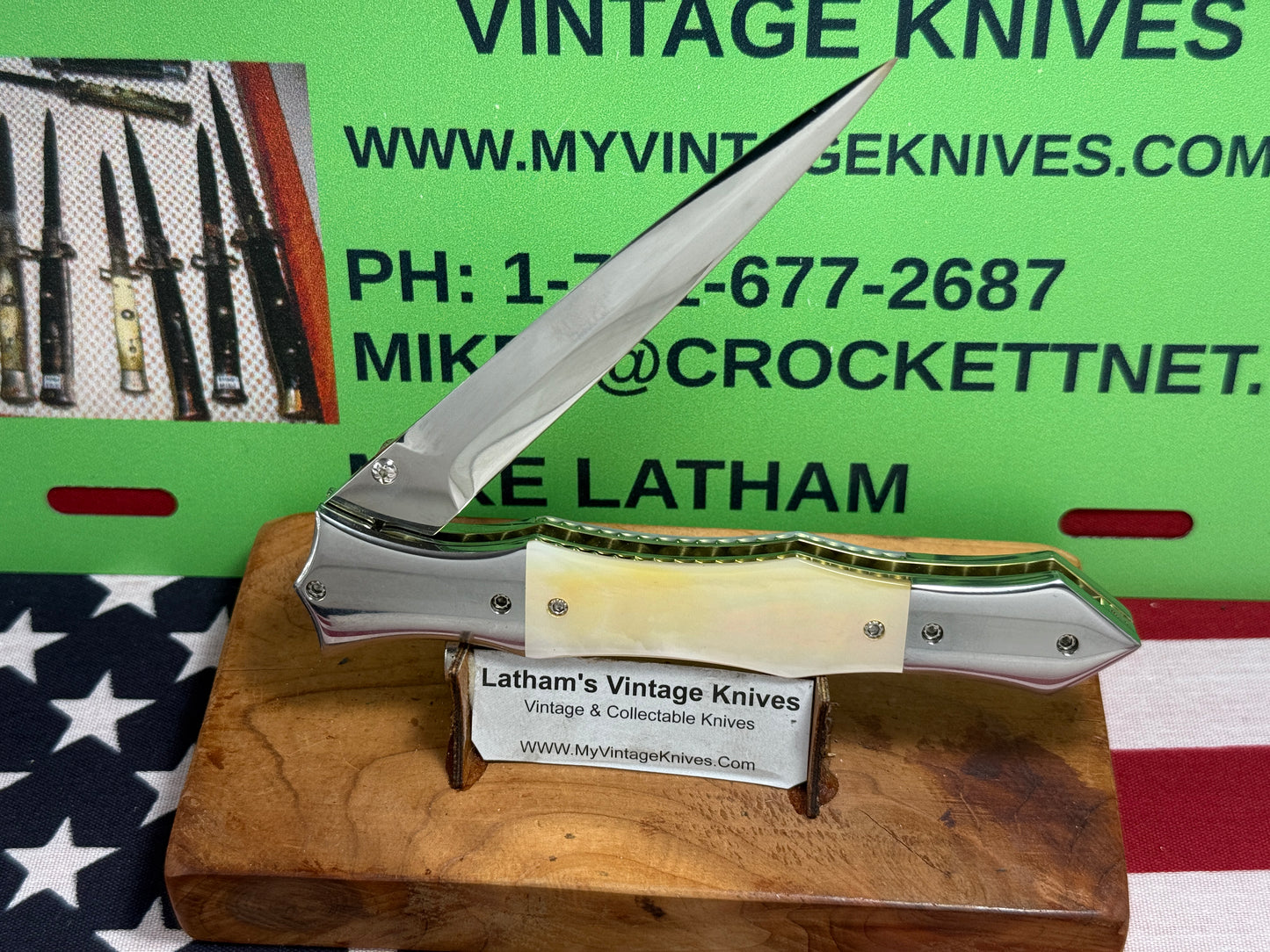 CLARK, NATE CUSTOM KNIVES USA/ORGEON 2005-2015 ERA ROYAL DAGGER D/A MIRROR POLISHED BLADE CUSTOM AUTOMATIC KNIFE GOLD PEARL HANDLES WITH JEWELS