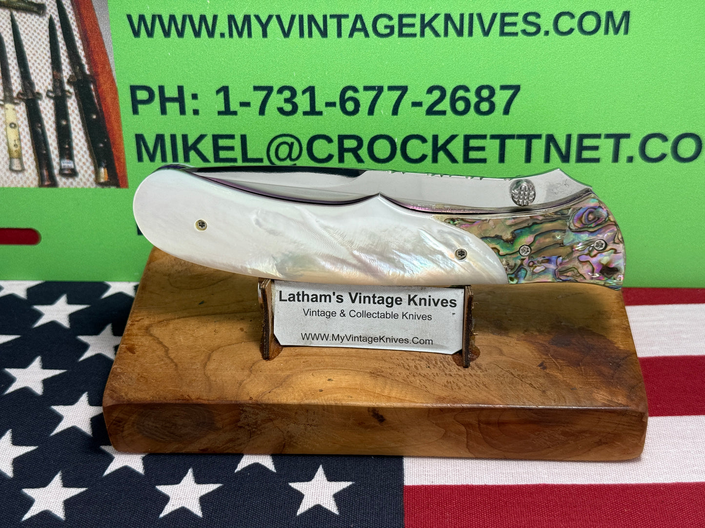 VALLOTTON, BUTCH CUSTOM KNIVES USA/ORGEON 2001-2008 ERA LARGE HUNTER "SPRING ASSIST ACTION" CUSTOM AUTOMATIC KNIFE PEARL HANDLES ABAOLONE BOLSTERS