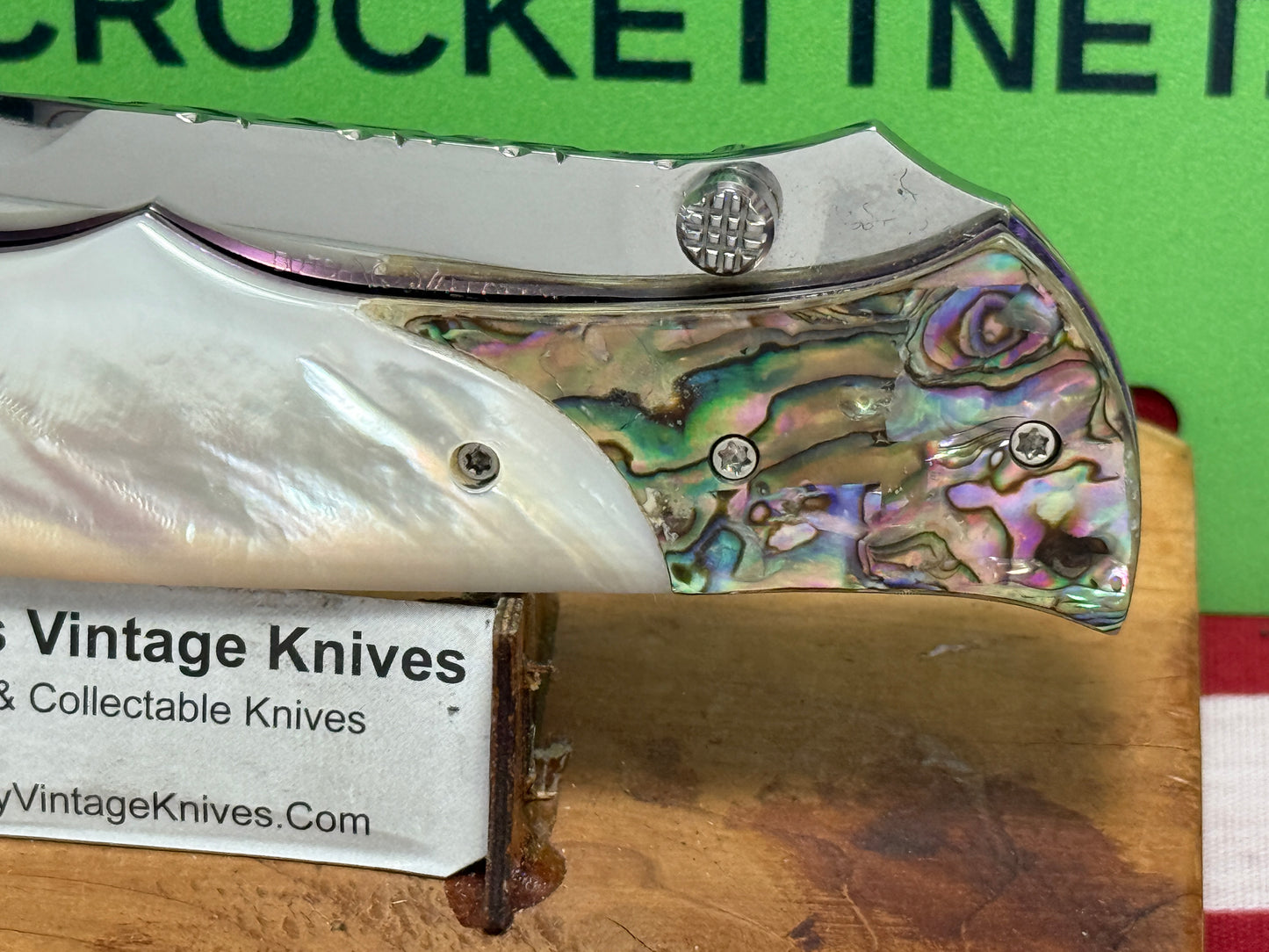 VALLOTTON, BUTCH CUSTOM KNIVES USA/ORGEON 2001-2008 ERA LARGE HUNTER "SPRING ASSIST ACTION" CUSTOM AUTOMATIC KNIFE PEARL HANDLES ABAOLONE BOLSTERS