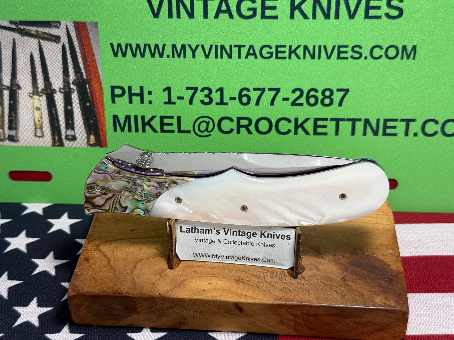 VALLOTTON, BUTCH CUSTOM KNIVES USA/ORGEON 2001-2008 ERA LARGE HUNTER "SPRING ASSIST ACTION" CUSTOM AUTOMATIC KNIFE PEARL HANDLES ABAOLONE BOLSTERS