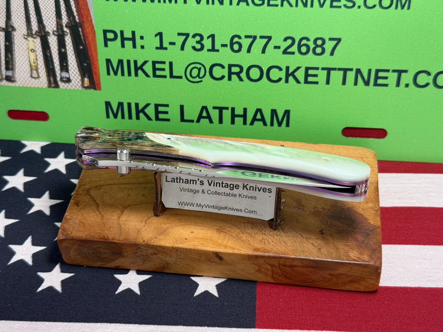 VALLOTTON, BUTCH CUSTOM KNIVES USA/ORGEON 2001-2008 ERA LARGE HUNTER "SPRING ASSIST ACTION" CUSTOM AUTOMATIC KNIFE PEARL HANDLES ABAOLONE BOLSTERS