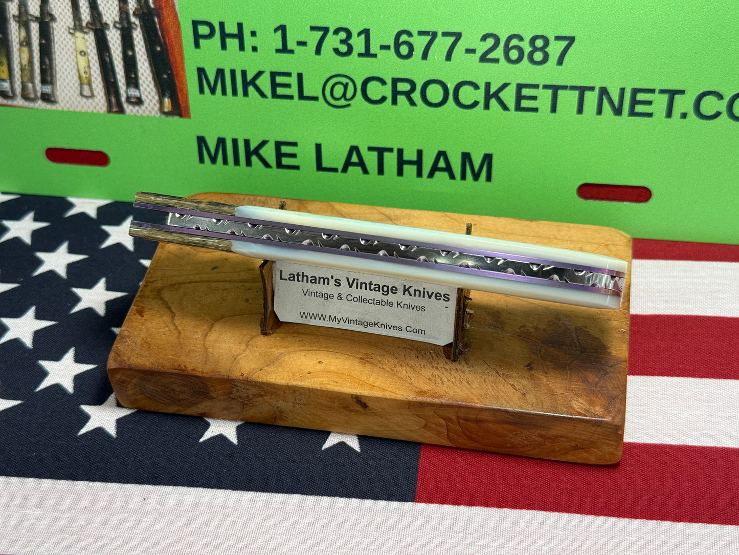 VALLOTTON, BUTCH CUSTOM KNIVES USA/ORGEON 2001-2008 ERA LARGE HUNTER "SPRING ASSIST ACTION" CUSTOM AUTOMATIC KNIFE PEARL HANDLES ABAOLONE BOLSTERS