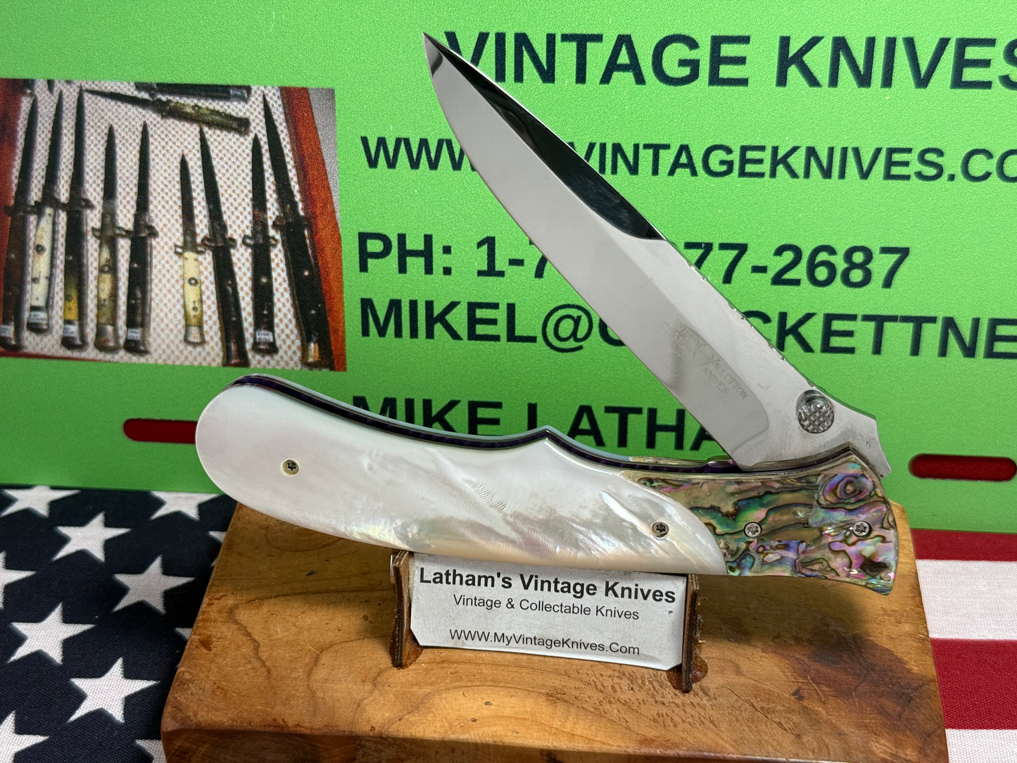 VALLOTTON, BUTCH CUSTOM KNIVES USA/ORGEON 2001-2008 ERA LARGE HUNTER "SPRING ASSIST ACTION" CUSTOM AUTOMATIC KNIFE PEARL HANDLES ABAOLONE BOLSTERS