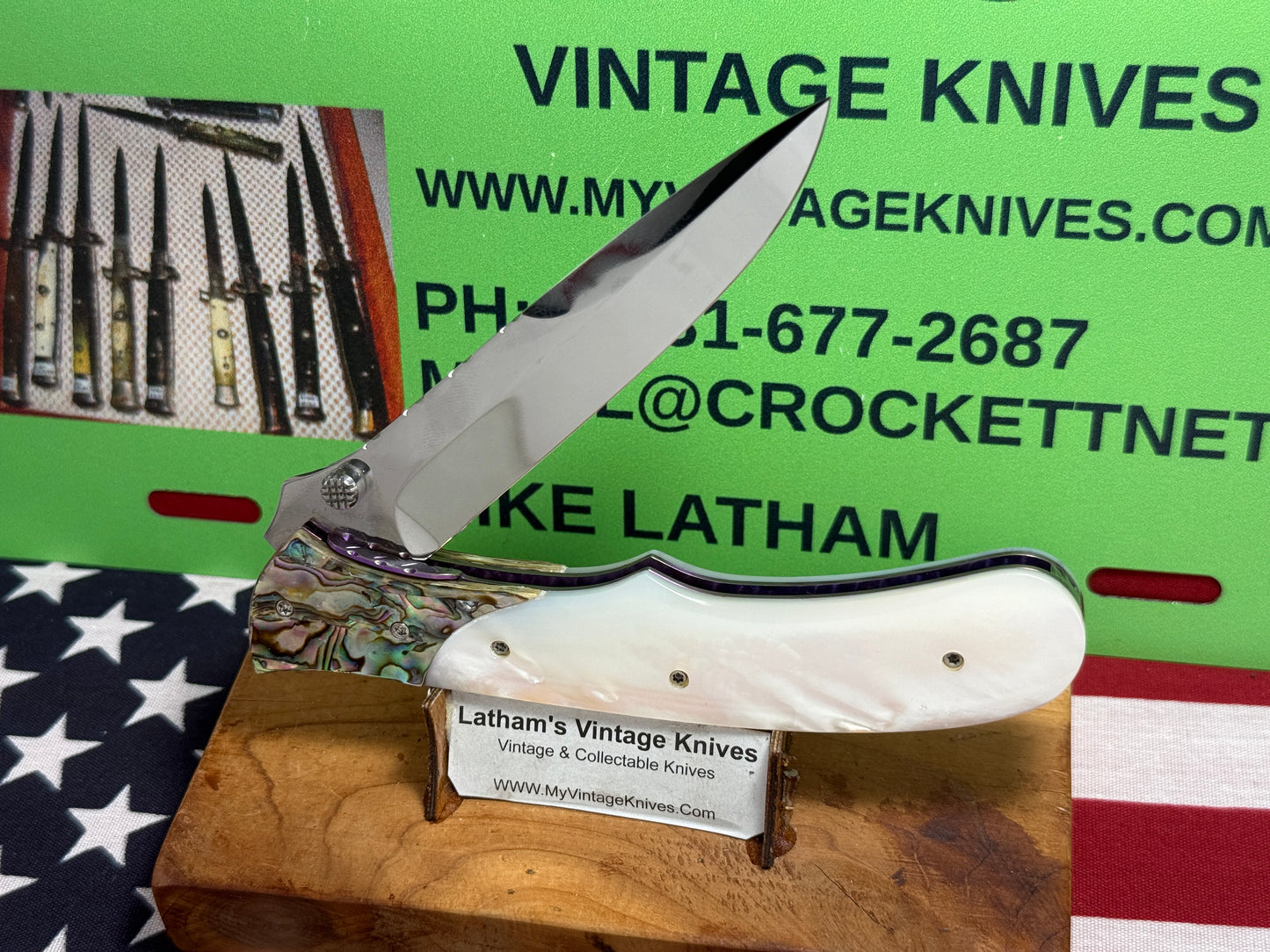 VALLOTTON, BUTCH CUSTOM KNIVES USA/ORGEON 2001-2008 ERA LARGE HUNTER "SPRING ASSIST ACTION" CUSTOM AUTOMATIC KNIFE PEARL HANDLES ABAOLONE BOLSTERS