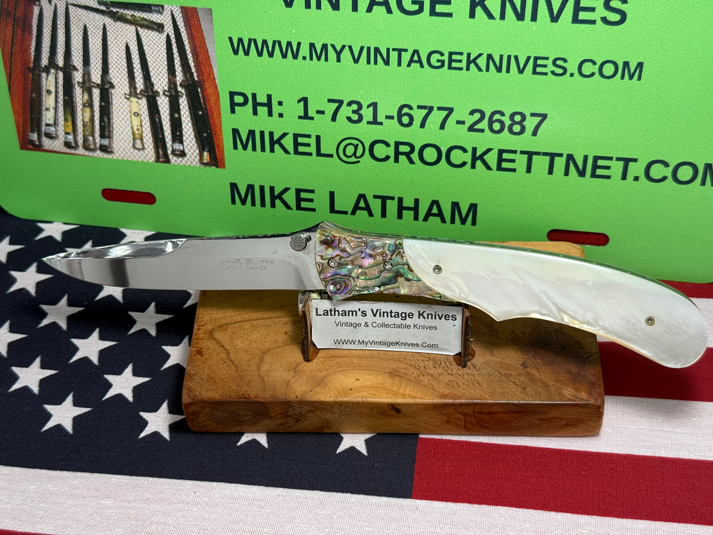 VALLOTTON, BUTCH CUSTOM KNIVES USA/ORGEON 2001-2008 ERA LARGE HUNTER "SPRING ASSIST ACTION" CUSTOM AUTOMATIC KNIFE PEARL HANDLES ABAOLONE BOLSTERS