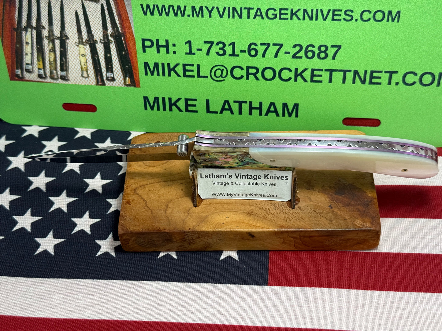 VALLOTTON, BUTCH CUSTOM KNIVES USA/ORGEON 2001-2008 ERA LARGE HUNTER "SPRING ASSIST ACTION" CUSTOM AUTOMATIC KNIFE PEARL HANDLES ABAOLONE BOLSTERS