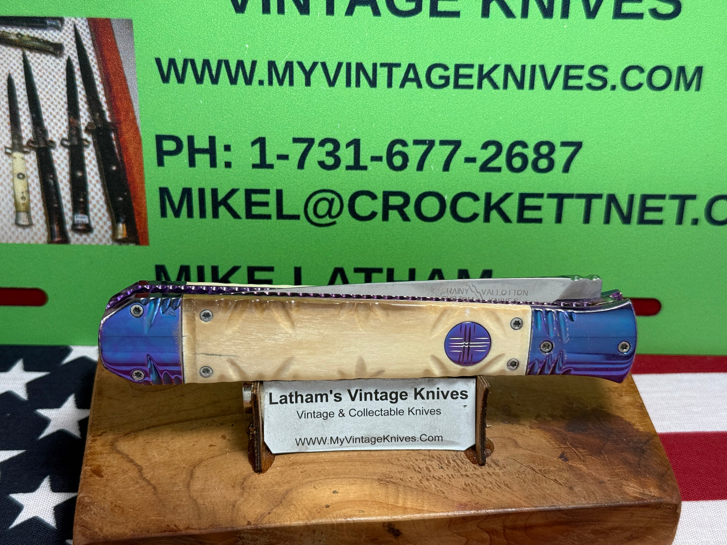 VALLOTTON, RAINY CUSTOM KNIVES 1998-2001 ERA ICE PICK COFFIN DAGGER CUSTOM AUTOMATIC KNIFE MAMMOTH IVORY HANDLES