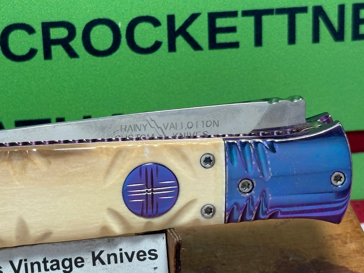 VALLOTTON, RAINY CUSTOM KNIVES 1998-2001 ERA ICE PICK COFFIN DAGGER CUSTOM AUTOMATIC KNIFE MAMMOTH IVORY HANDLES