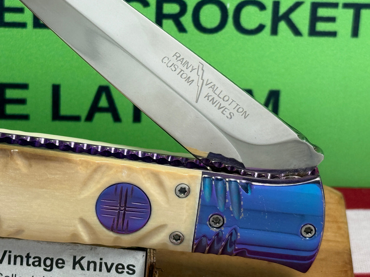 VALLOTTON, RAINY CUSTOM KNIVES 1998-2001 ERA ICE PICK COFFIN DAGGER CUSTOM AUTOMATIC KNIFE MAMMOTH IVORY HANDLES