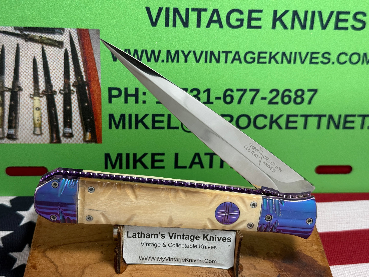 VALLOTTON, RAINY CUSTOM KNIVES 1998-2001 ERA ICE PICK COFFIN DAGGER CUSTOM AUTOMATIC KNIFE MAMMOTH IVORY HANDLES