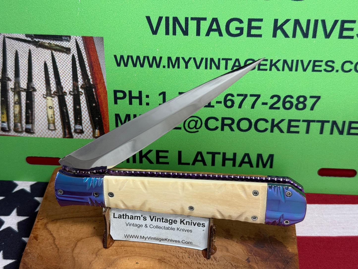 VALLOTTON, RAINY CUSTOM KNIVES 1998-2001 ERA ICE PICK COFFIN DAGGER CUSTOM AUTOMATIC KNIFE MAMMOTH IVORY HANDLES