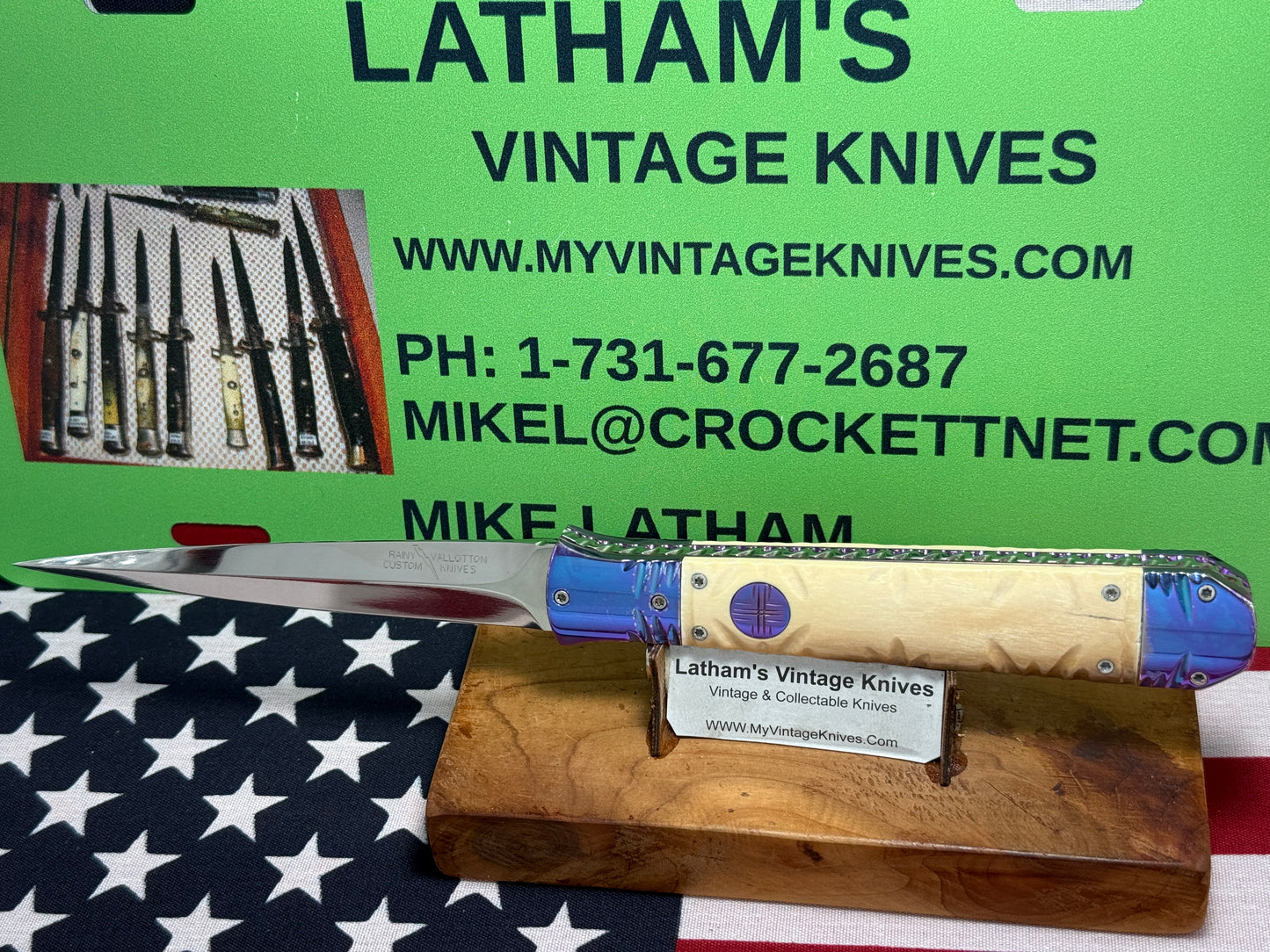 VALLOTTON, RAINY CUSTOM KNIVES 1998-2001 ERA ICE PICK COFFIN DAGGER CUSTOM AUTOMATIC KNIFE MAMMOTH IVORY HANDLES