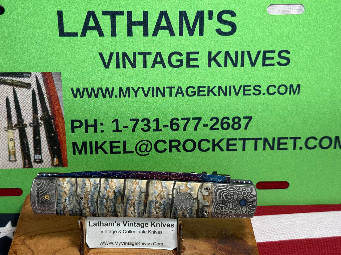 VALLOTTON, RAINY CUSTOM KNIVES 2005-2010 ERA D & D BLUE DAGGER BLADE JEWELS CUSTOM AUTOMATIC KNIFE MAMMOTH TOOTH HANDLES