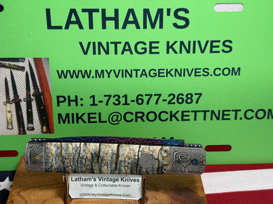 VALLOTTON, RAINY CUSTOM KNIVES 2005-2010 ERA D & D BLUE DAGGER BLADE JEWELS CUSTOM AUTOMATIC KNIFE MAMMOTH TOOTH HANDLES