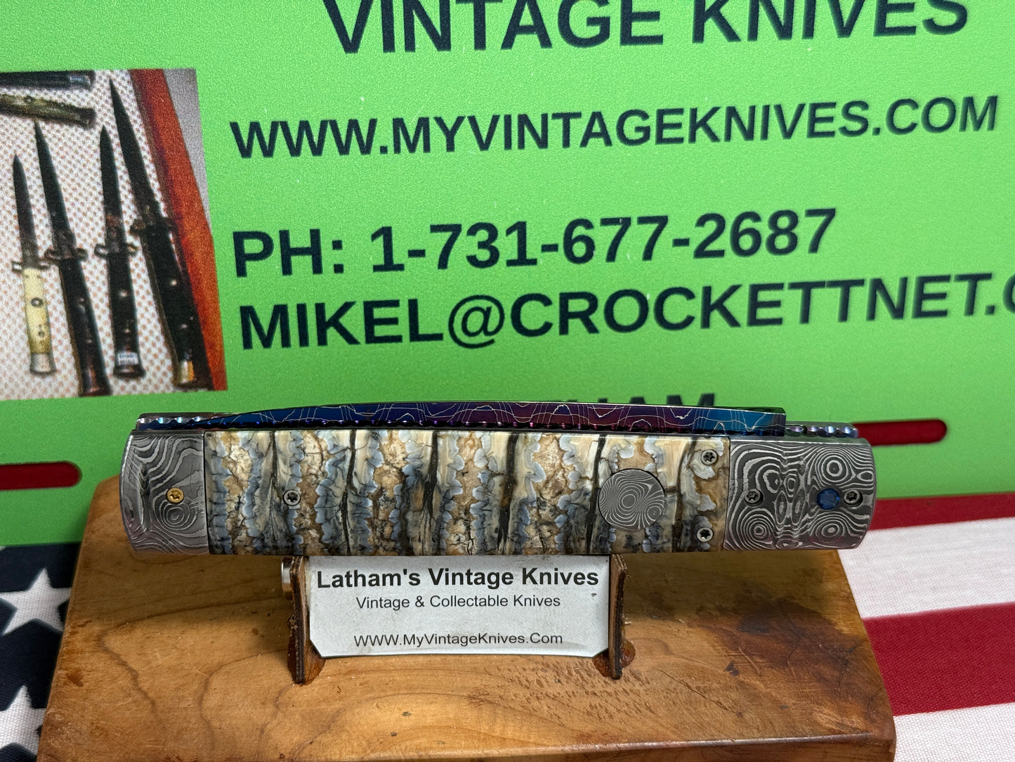 VALLOTTON, RAINY CUSTOM KNIVES 2005-2010 ERA D & D BLUE DAGGER BLADE JEWELS CUSTOM AUTOMATIC KNIFE MAMMOTH TOOTH HANDLES