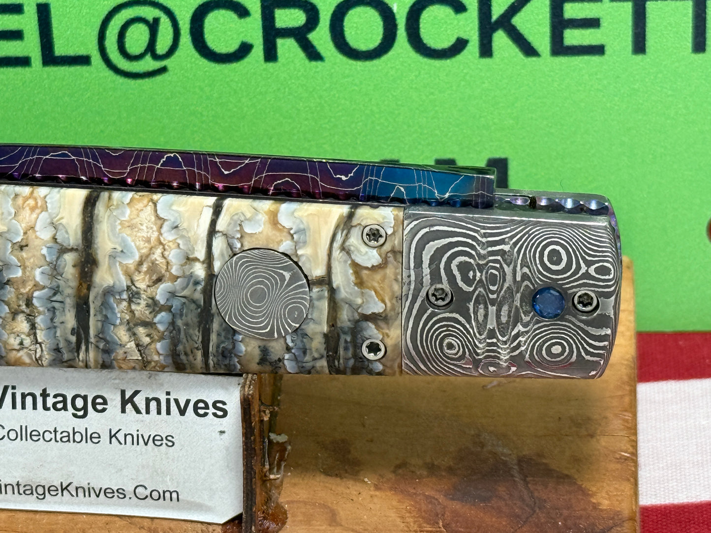 VALLOTTON, RAINY CUSTOM KNIVES 2005-2010 ERA D & D BLUE DAGGER BLADE JEWELS CUSTOM AUTOMATIC KNIFE MAMMOTH TOOTH HANDLES