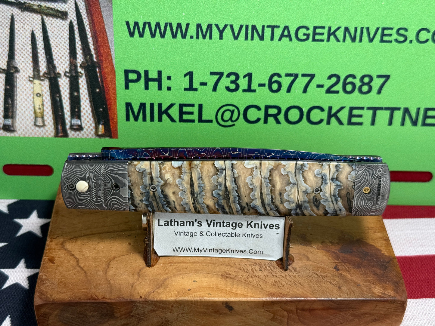 VALLOTTON, RAINY CUSTOM KNIVES 2005-2010 ERA D & D BLUE DAGGER BLADE JEWELS CUSTOM AUTOMATIC KNIFE MAMMOTH TOOTH HANDLES