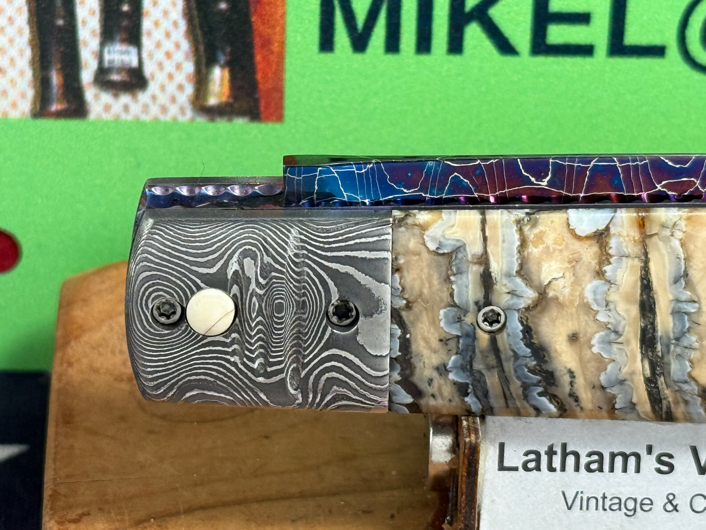 VALLOTTON, RAINY CUSTOM KNIVES 2005-2010 ERA D & D BLUE DAGGER BLADE JEWELS CUSTOM AUTOMATIC KNIFE MAMMOTH TOOTH HANDLES