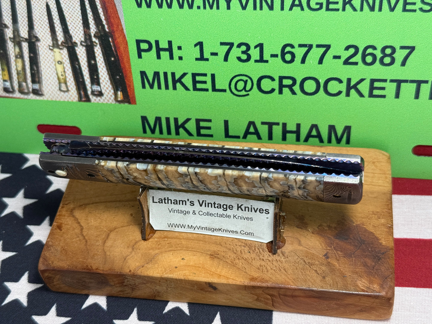 VALLOTTON, RAINY CUSTOM KNIVES 2005-2010 ERA D & D BLUE DAGGER BLADE JEWELS CUSTOM AUTOMATIC KNIFE MAMMOTH TOOTH HANDLES