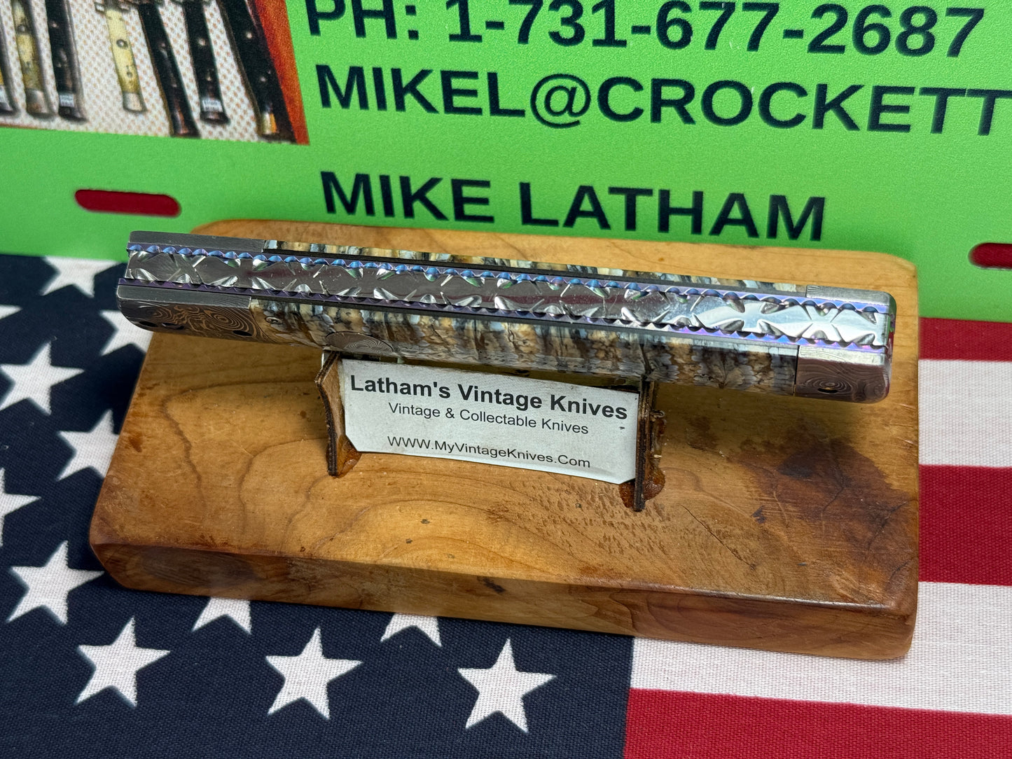 VALLOTTON, RAINY CUSTOM KNIVES 2005-2010 ERA D & D BLUE DAGGER BLADE JEWELS CUSTOM AUTOMATIC KNIFE MAMMOTH TOOTH HANDLES