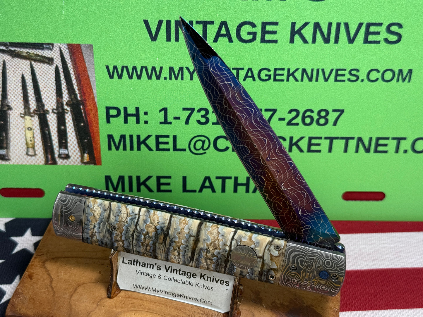 VALLOTTON, RAINY CUSTOM KNIVES 2005-2010 ERA D & D BLUE DAGGER BLADE JEWELS CUSTOM AUTOMATIC KNIFE MAMMOTH TOOTH HANDLES