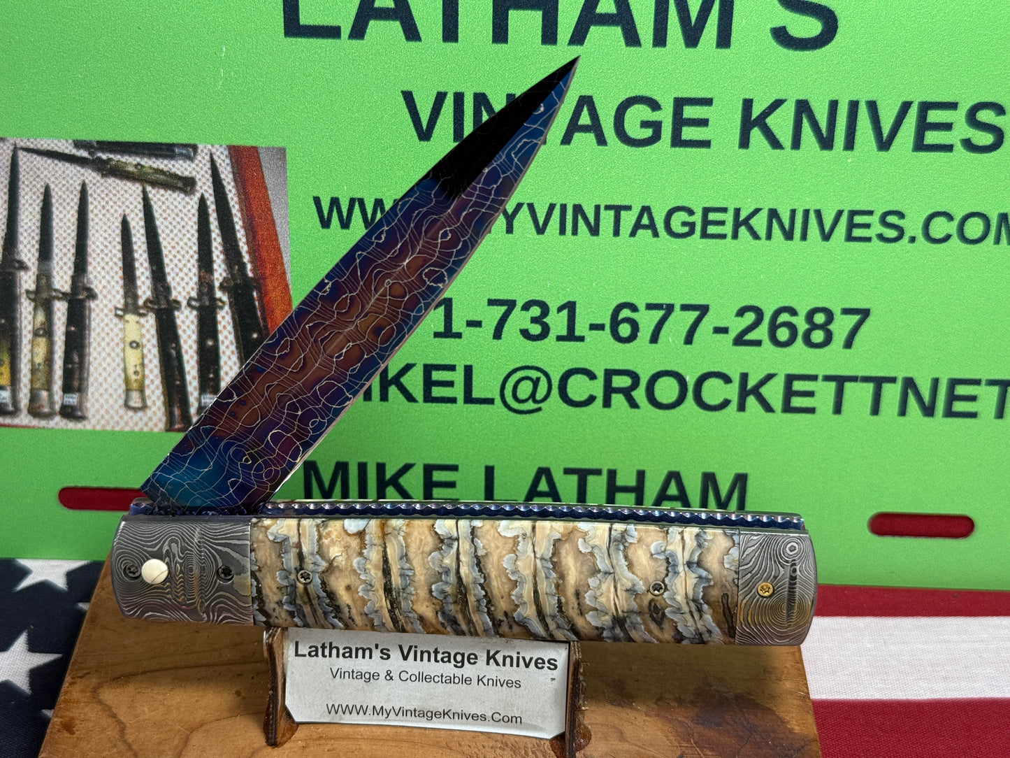VALLOTTON, RAINY CUSTOM KNIVES 2005-2010 ERA D & D BLUE DAGGER BLADE JEWELS CUSTOM AUTOMATIC KNIFE MAMMOTH TOOTH HANDLES