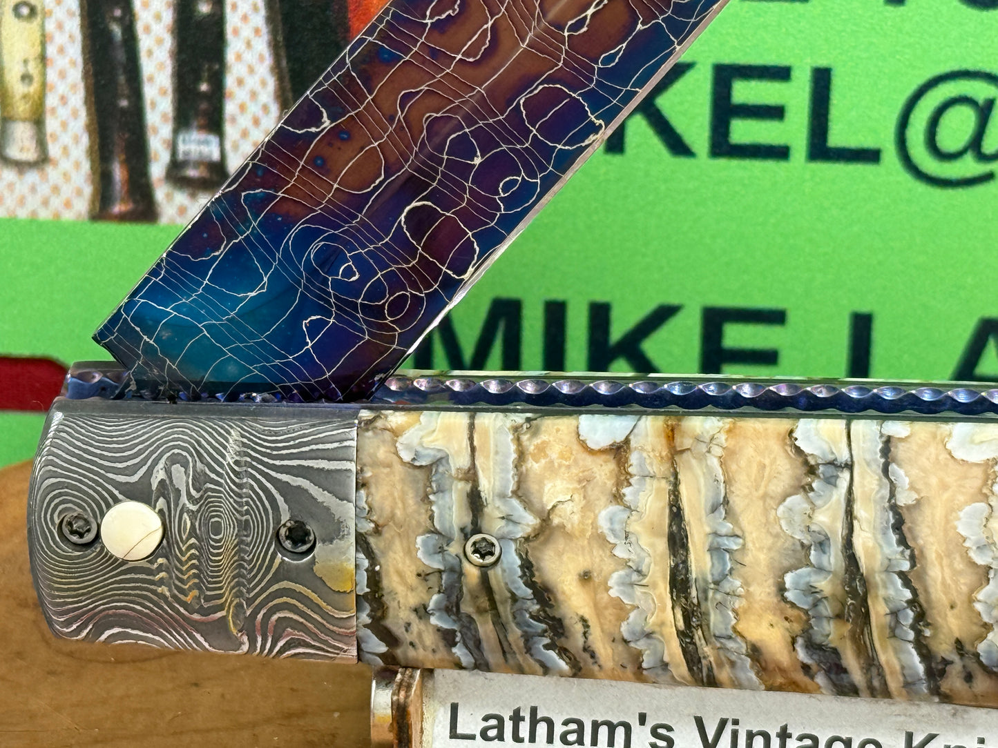 VALLOTTON, RAINY CUSTOM KNIVES 2005-2010 ERA D & D BLUE DAGGER BLADE JEWELS CUSTOM AUTOMATIC KNIFE MAMMOTH TOOTH HANDLES