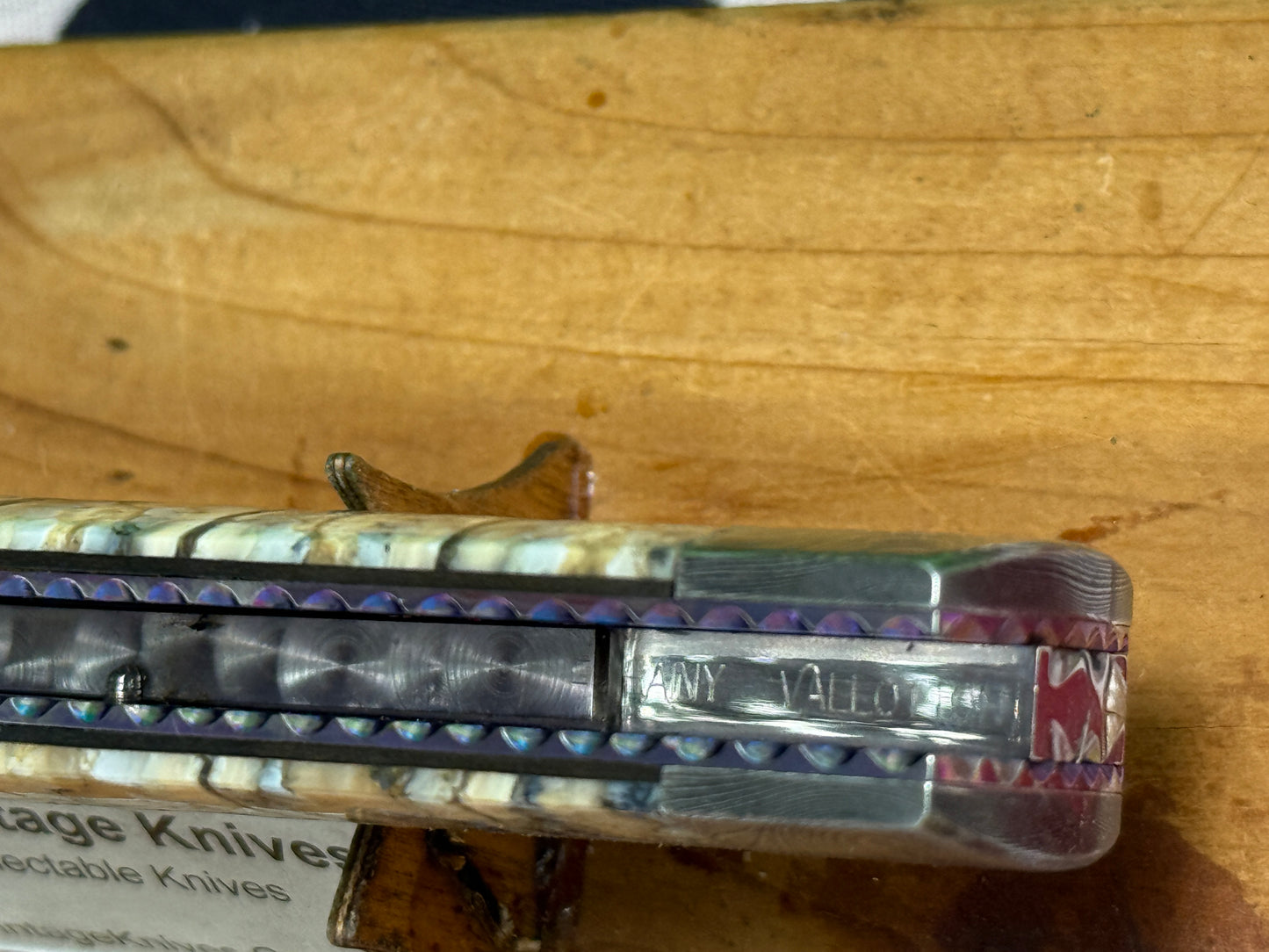 VALLOTTON, RAINY CUSTOM KNIVES 2005-2010 ERA D & D BLUE DAGGER BLADE JEWELS CUSTOM AUTOMATIC KNIFE MAMMOTH TOOTH HANDLES