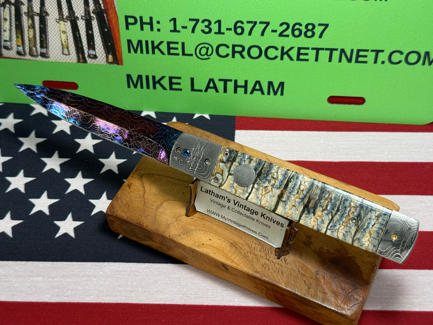 VALLOTTON, RAINY CUSTOM KNIVES 2005-2010 ERA D & D BLUE DAGGER BLADE JEWELS CUSTOM AUTOMATIC KNIFE MAMMOTH TOOTH HANDLES