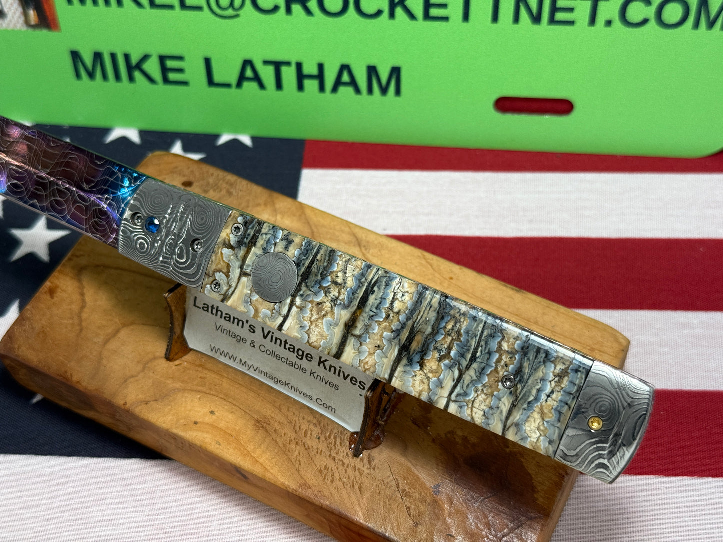 VALLOTTON, RAINY CUSTOM KNIVES 2005-2010 ERA D & D BLUE DAGGER BLADE JEWELS CUSTOM AUTOMATIC KNIFE MAMMOTH TOOTH HANDLES