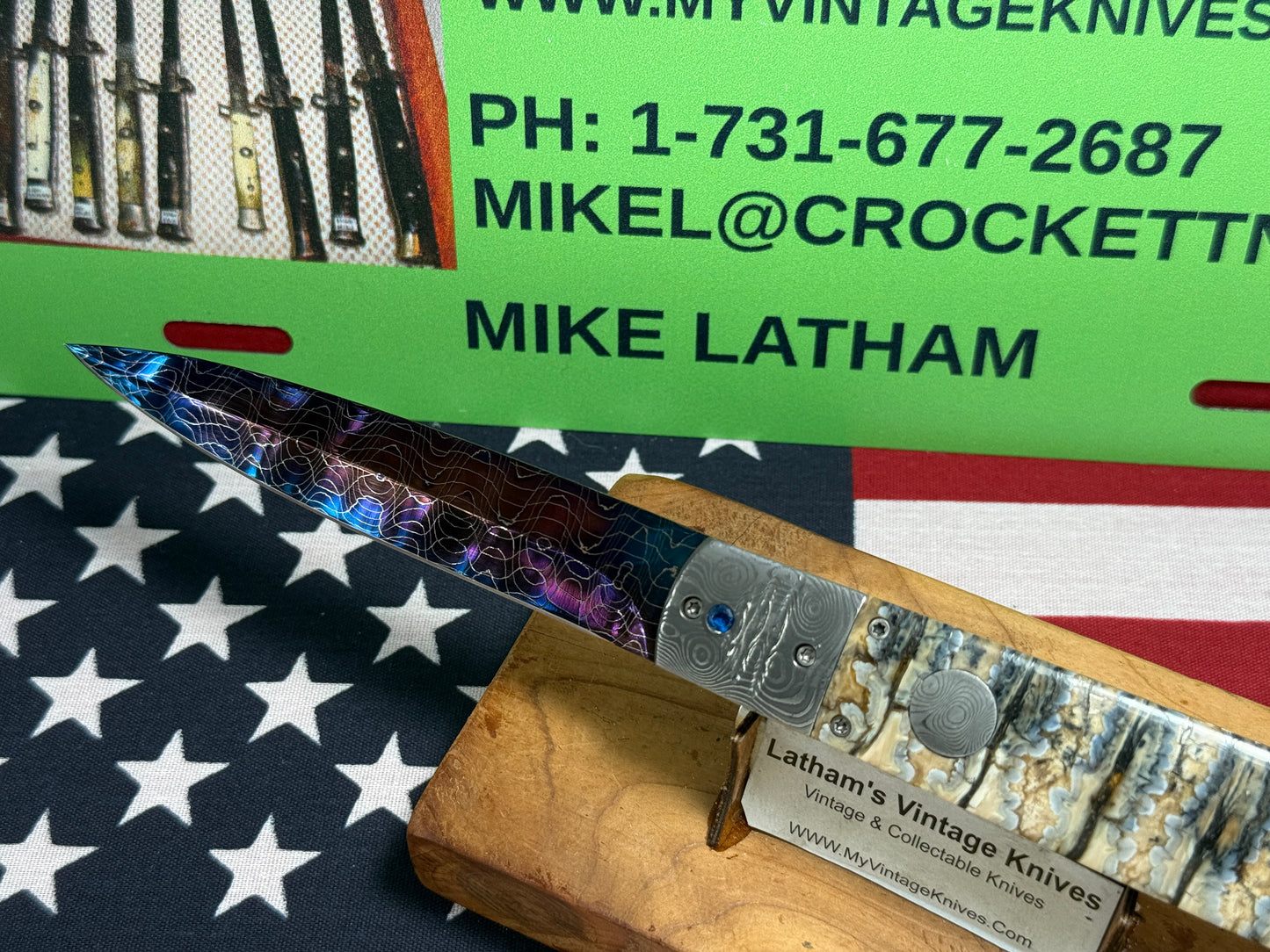 VALLOTTON, RAINY CUSTOM KNIVES 2005-2010 ERA D & D BLUE DAGGER BLADE JEWELS CUSTOM AUTOMATIC KNIFE MAMMOTH TOOTH HANDLES