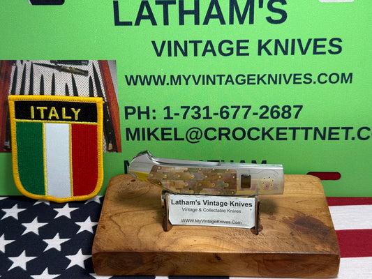 ESPOSITO, EMMANUEL ITALY CUSTOM KNIVES 2020 C-LOCK FOLDER S/N 001 BUTTON RELEASE CUSTOM AUTOMATIC KNIFE MOSAIC INLAY BLACK & GOLD PEARL HANDLES