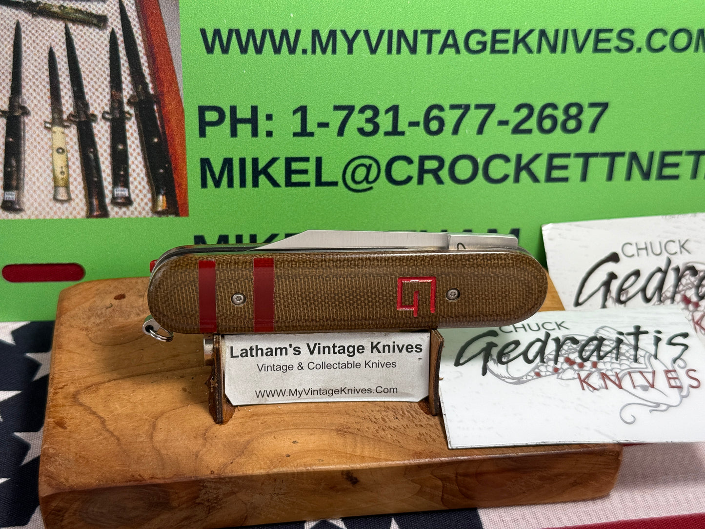 GEDRAITIS, CHUCK CUSTOM KNIVES 2025 SCALE RELEASE SWITCH ARMY LOVELESS INSPIRED BLADE GRIND CPM 154 CUSTOM AUTOMATIC KNIFE ODGREEN CANVAS MICARTA HANDLES