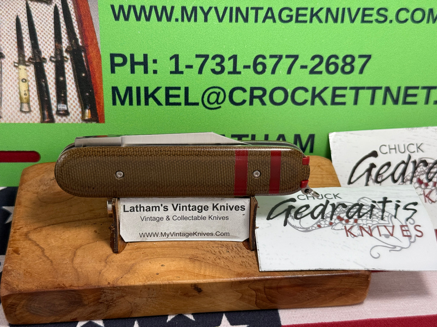 GEDRAITIS, CHUCK CUSTOM KNIVES 2025 SCALE RELEASE SWITCH ARMY LOVELESS INSPIRED BLADE GRIND CPM 154 CUSTOM AUTOMATIC KNIFE ODGREEN CANVAS MICARTA HANDLES