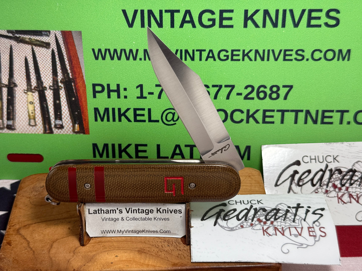 GEDRAITIS, CHUCK CUSTOM KNIVES 2025 SCALE RELEASE SWITCH ARMY LOVELESS INSPIRED BLADE GRIND CPM 154 CUSTOM AUTOMATIC KNIFE ODGREEN CANVAS MICARTA HANDLES